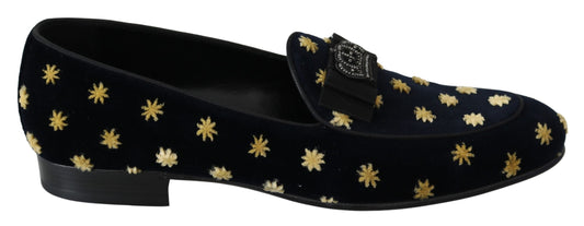 Dolce & Gabbana Blau Samt Krone Hausschuhe Loafers Schuhe