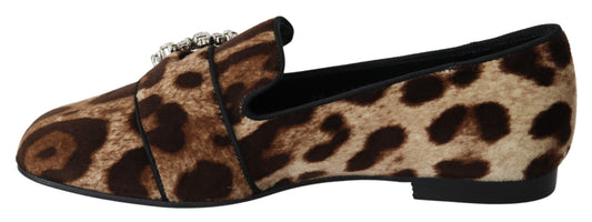 Dolce & Gabbana Braun Leopard Print Kristalle Loafers Flats Schuhe