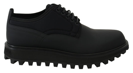 Dolce & Gabbana Schwarze gummierte Kalbsleder Chunky Derby Vulcano Schuhe