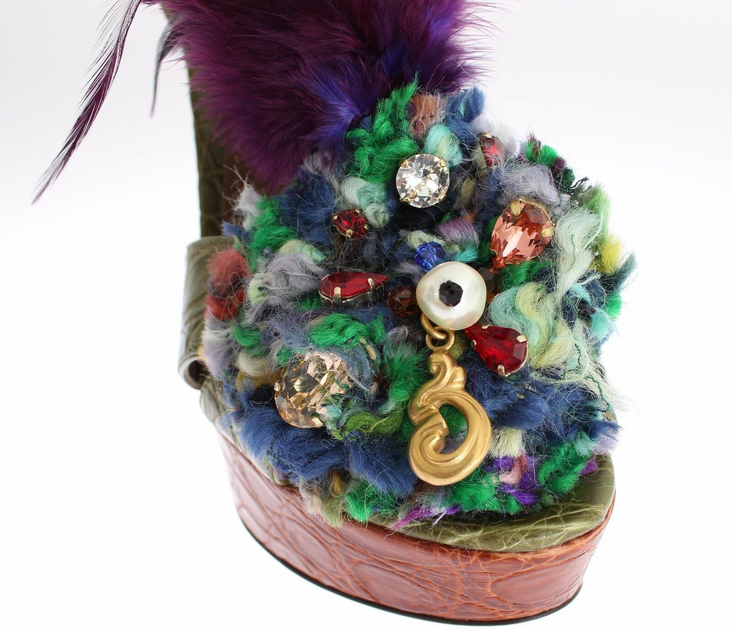 Dolce & Gabbana Grüne Leder Kristall Plateau Sandale Schuhe