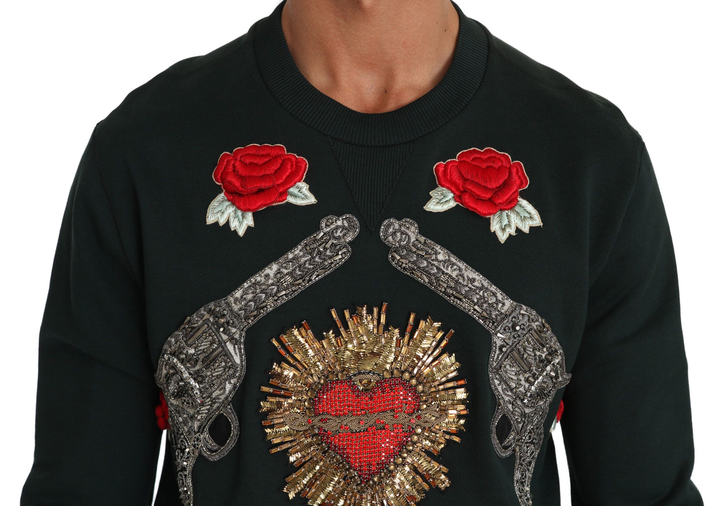 Dolce & Gabbana Grüner Kristall Herz Rosen Gun Pullover