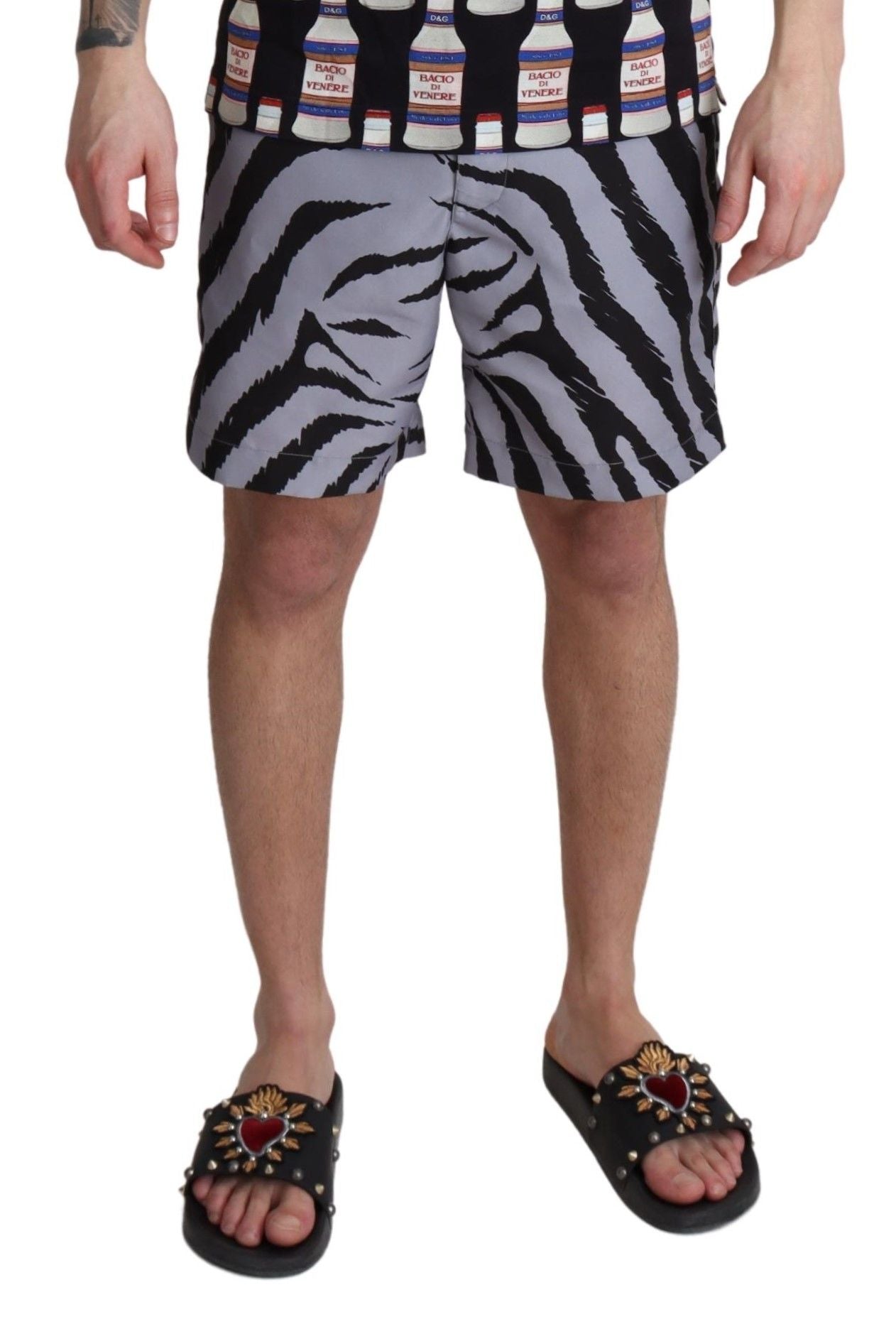Dolce & Gabbana Graue Beachwear-Shorts mit Zebradruck