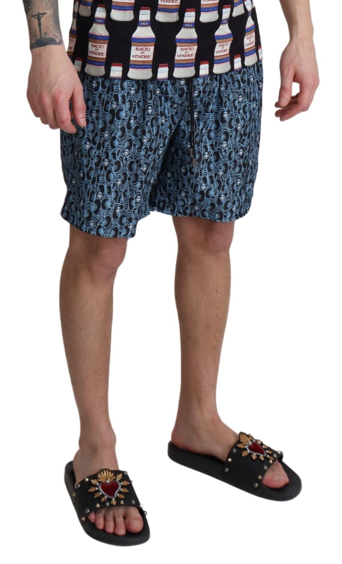 Dolce & Gabbana Blaue gemusterte Strandbekleidung Shorts Bademode