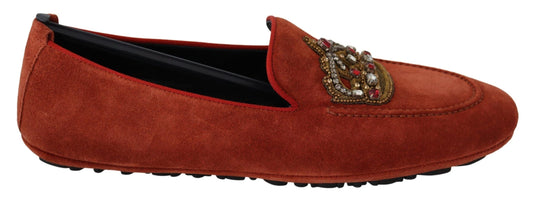 Dolce & Gabbana Orange Leder Crystal Crown Loafers Schuhe