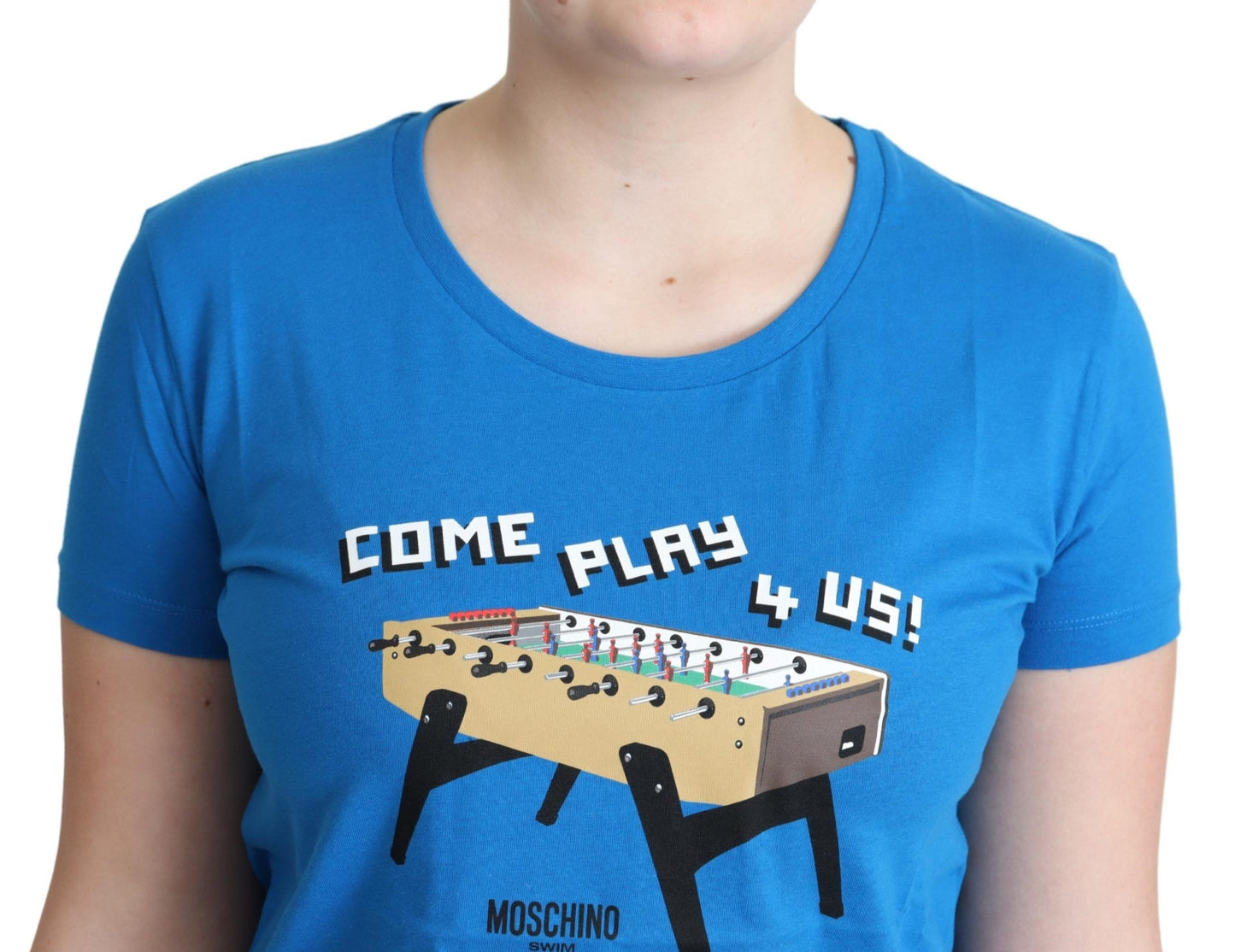 Moschino Blaues Baumwoll-T-Shirt Come Play 4 Us Print