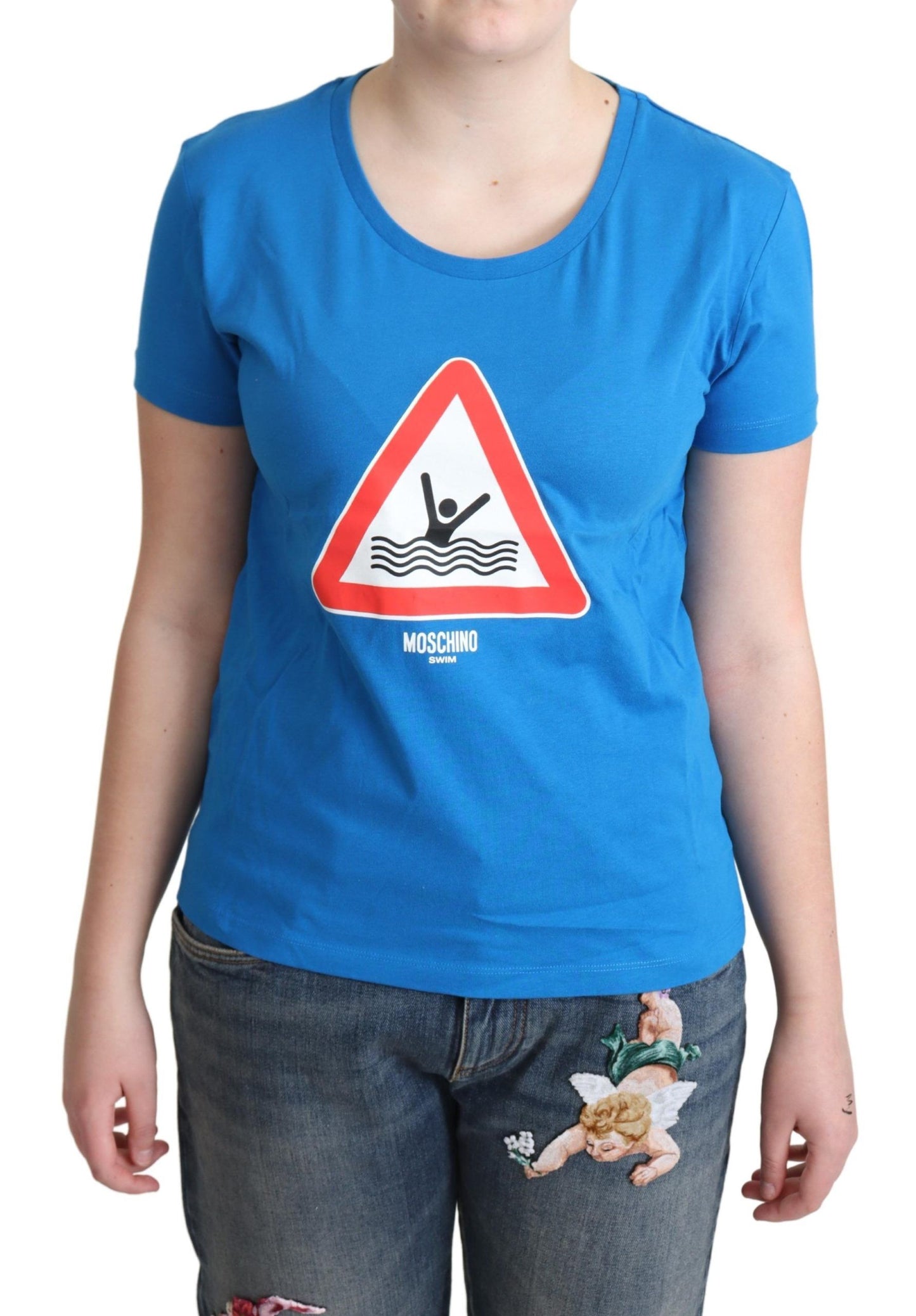 Moschino Blaues Triangel-T-Shirt mit grafischer Darstellung aus Baumwolle zum Schwimmen