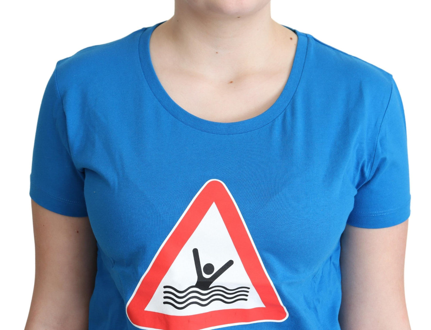Moschino Blaues Triangel-T-Shirt mit grafischer Darstellung aus Baumwolle zum Schwimmen
