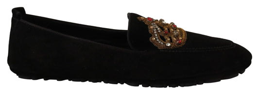 Dolce & Gabbana Schwarzes Leder Crystal Gold Crown Loafers Schuhe