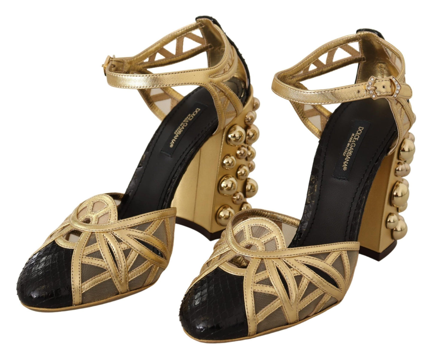 Dolce & Gabbana Schwarz Gold Leder Nieten Riemchen Schuhe