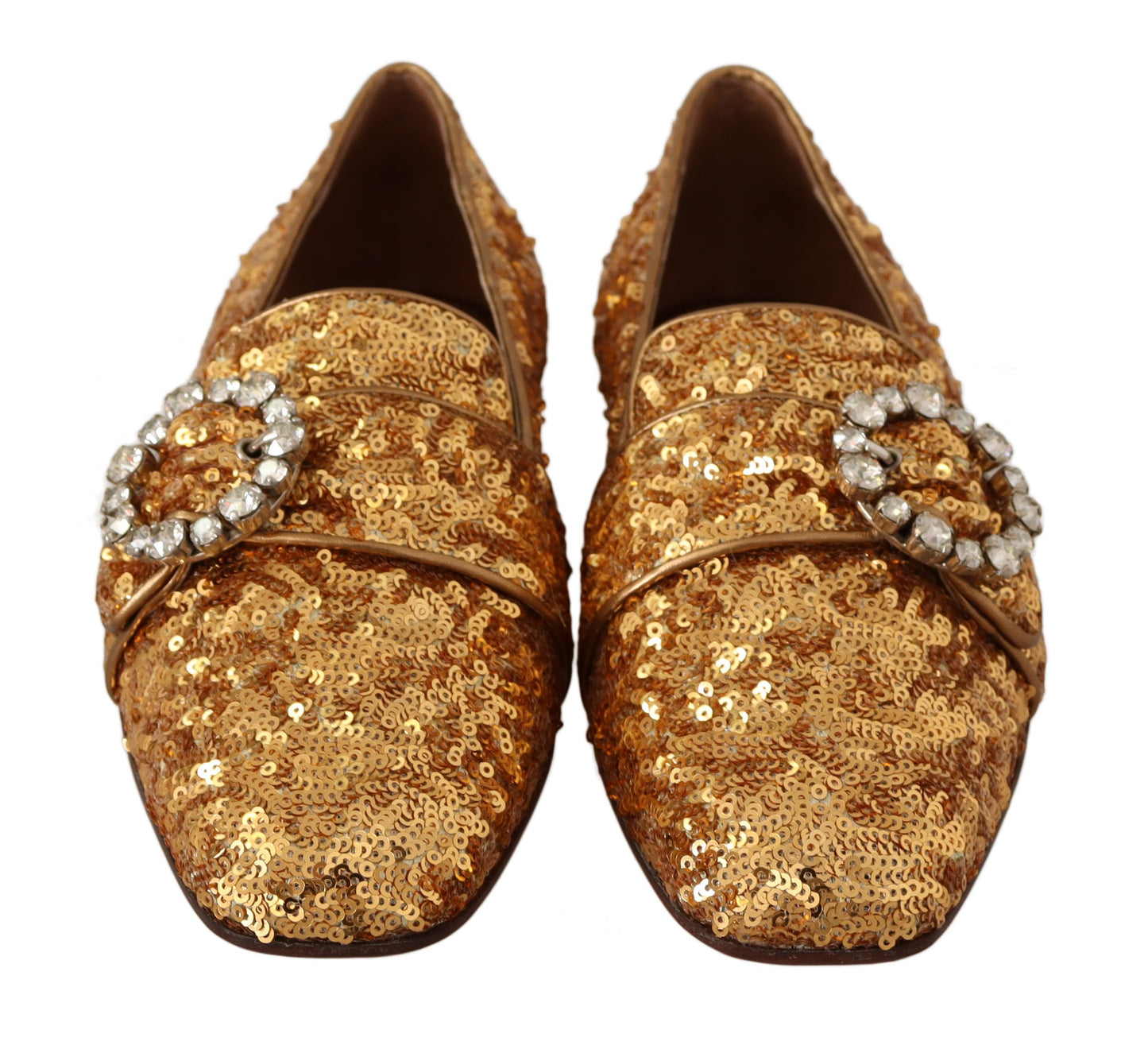 Dolce & Gabbana Gold Pailletten Kristall Flach Frauen Loafers Schuhe