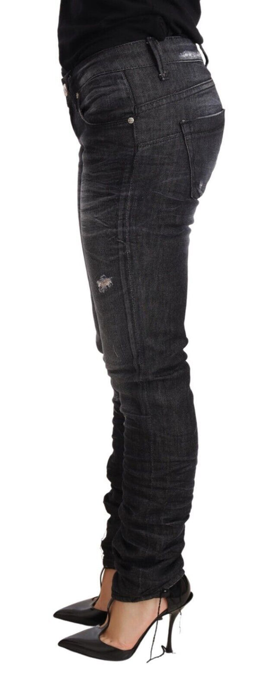 Acht Schwarze Skinny Denim-Hosenjeans aus gewaschener Baumwolle mit niedriger Taille