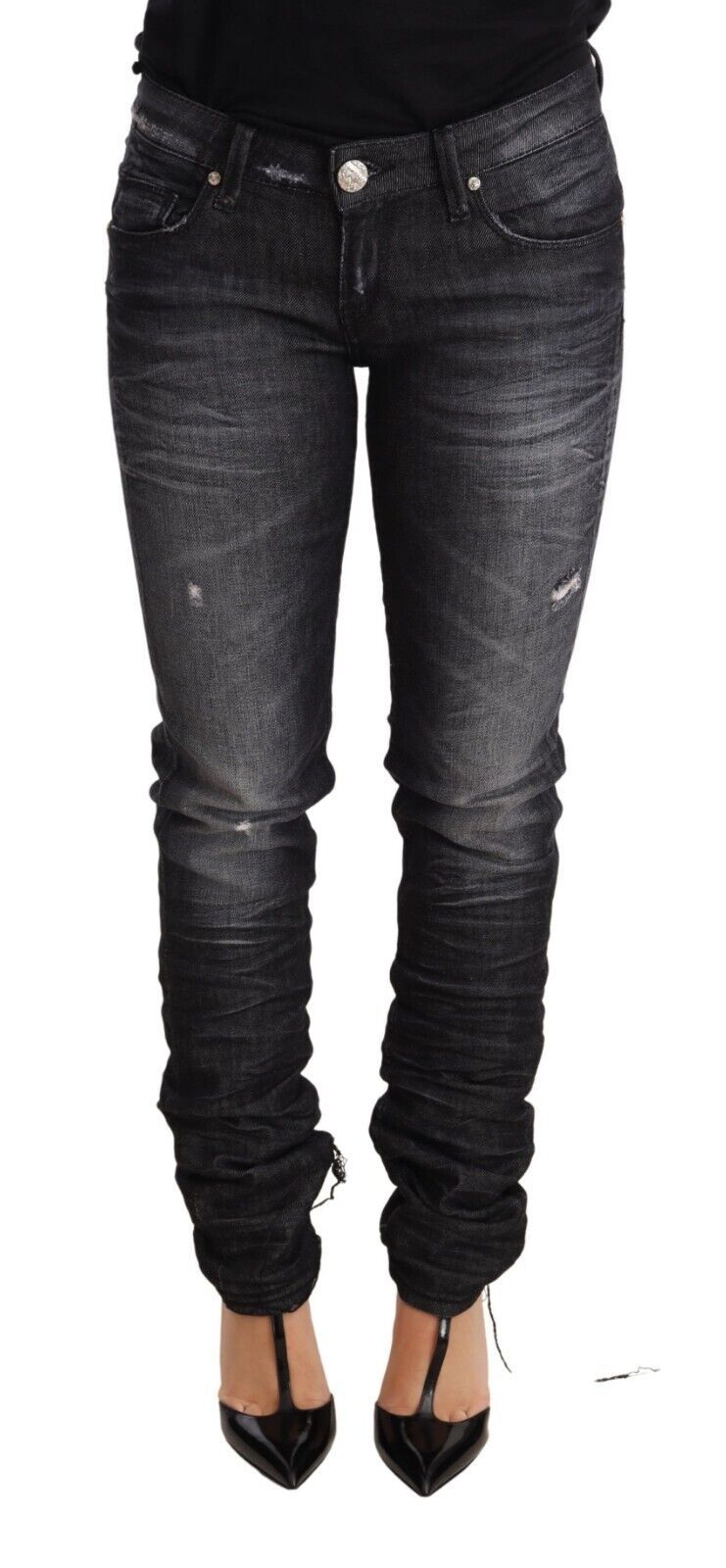 Acht Schwarze Skinny Denim-Hosenjeans aus gewaschener Baumwolle mit niedriger Taille