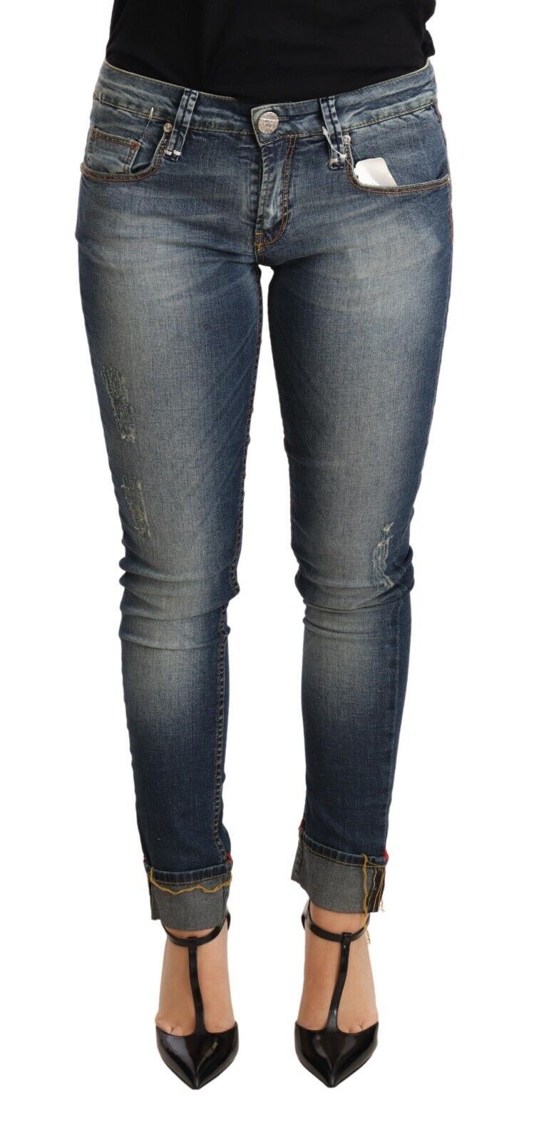 Acht Blaue gewaschene Baumwolle mit niedriger Taille Skinny Denim Damen Hosenjeans