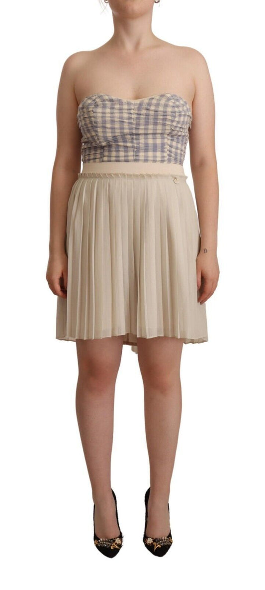 Guess Beige kariertes plissiertes trägerloses A-Linien-Kleid mit Bustier