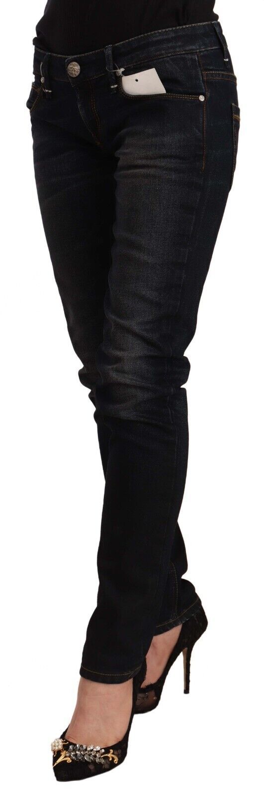 Acht Schwarze Slim Fit Denim-Jeans aus gewaschener Baumwolle mit niedriger Taille