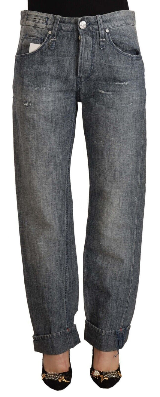 Acht Graue gewaschene Jeans mit mittlerer Taille aus geradem Denim mit gefaltetem Saum