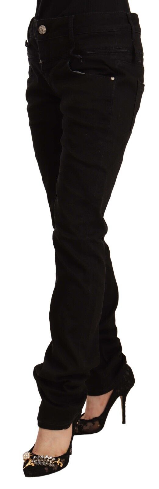 Acht Schwarze Skinny-Jeans aus Baumwoll-Stretch-Denim mit niedriger Taille