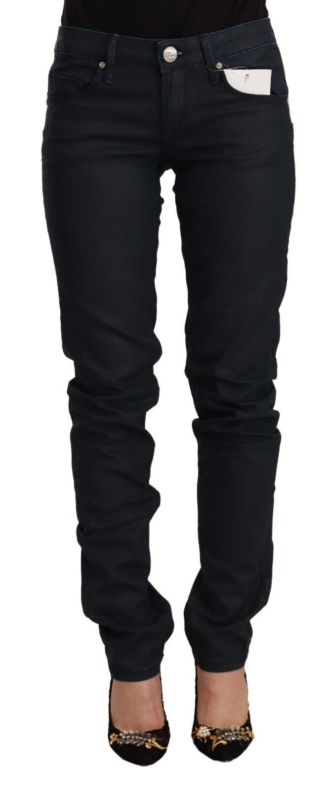 Acht Schwarze Slim Fit Denim Jeans aus Baumwolle mit niedriger Taille