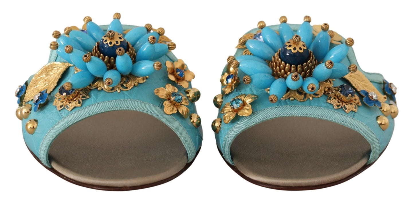 Dolce & Gabbana Blaue Kristall Exotische Leder Blaue Kristall Sandalen