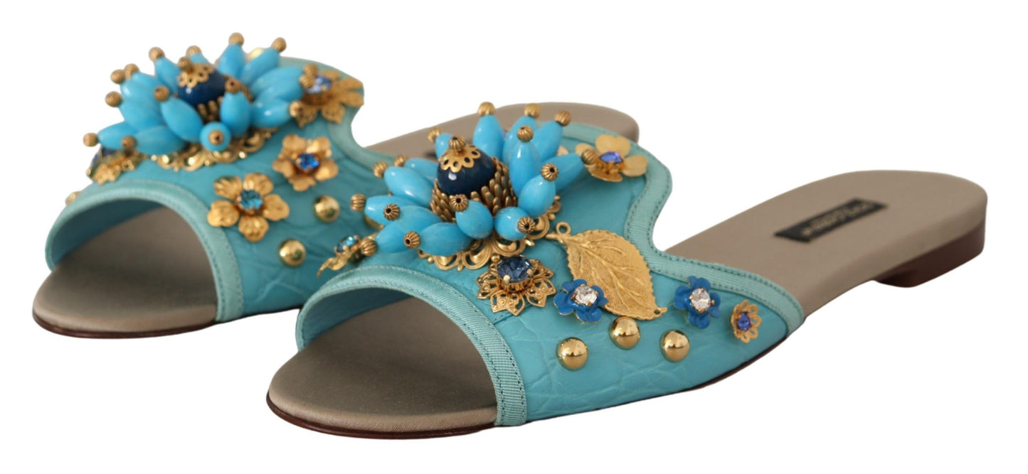Dolce & Gabbana Blaue Kristall Exotische Leder Blaue Kristall Sandalen