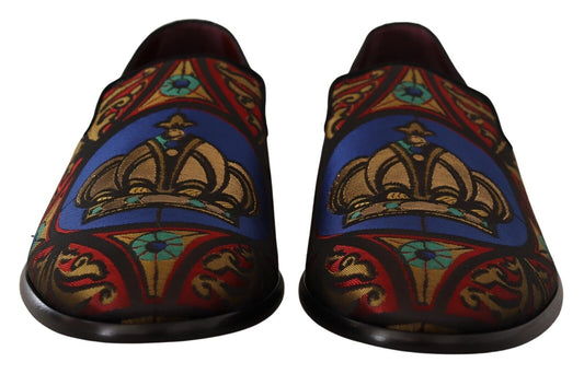 Dolce & Gabbana Multicolor Jacquard Krone Hausschuhe Loafers Schuhe