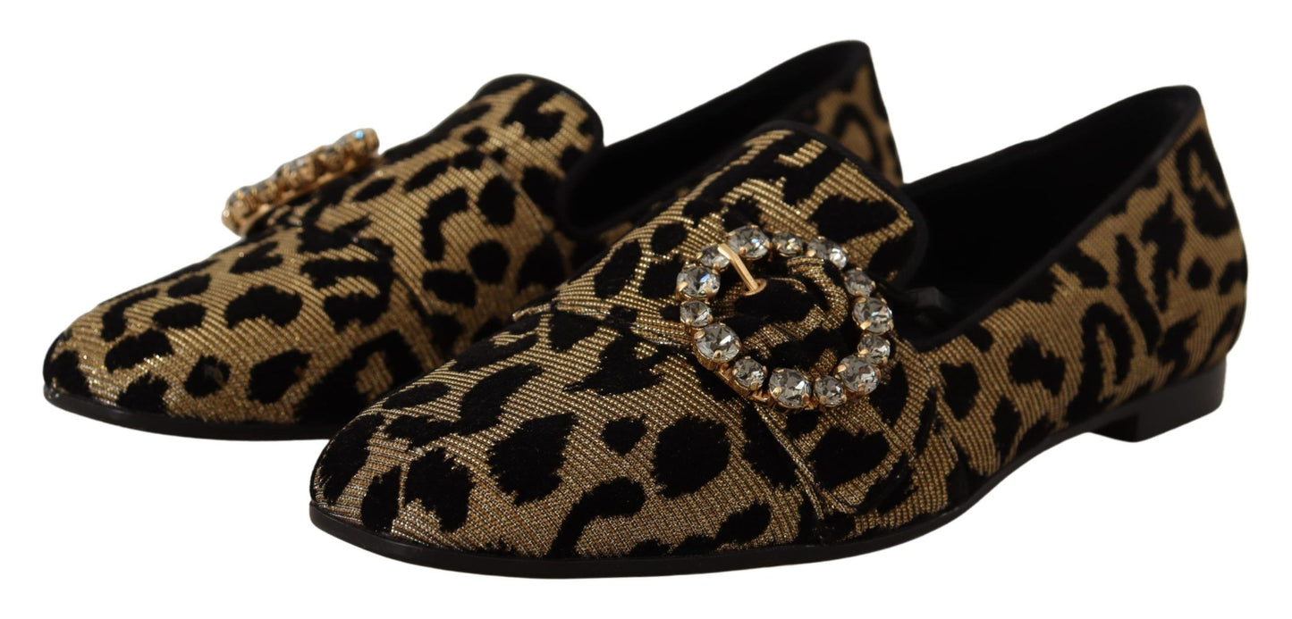Dolce & Gabbana Gold Leopard Print Kristalle Loafers Schuhe