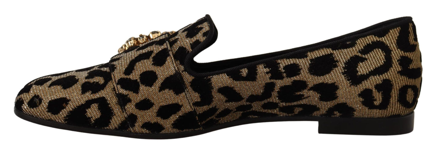 Dolce & Gabbana Gold Leopard Print Kristalle Loafers Schuhe