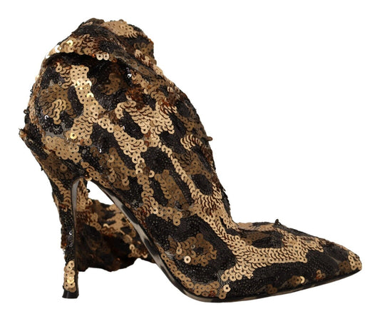 Dolce & Gabbana Gold Leopard Pailletten Heels Stiefel Schuhe