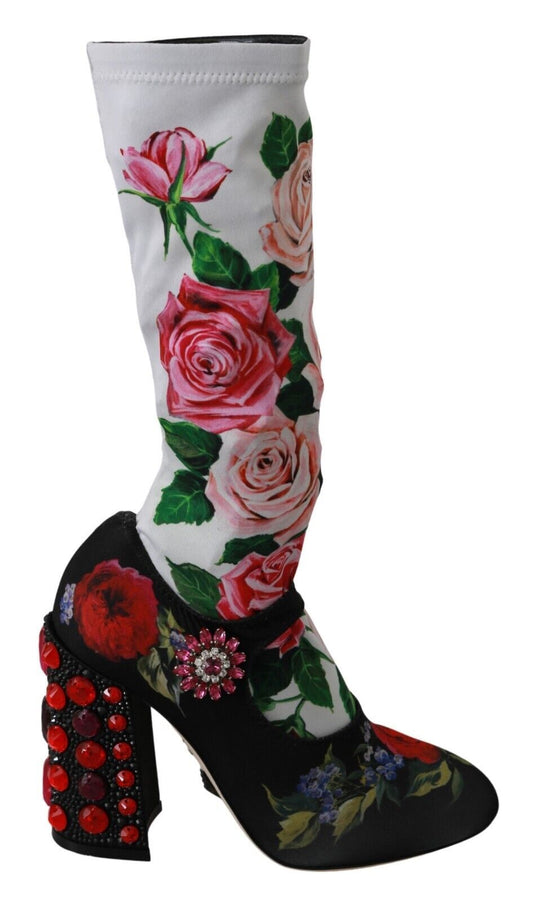 Dolce & Gabbana Schwarz Floral Socken Crystal Jersey Stiefel Schuhe