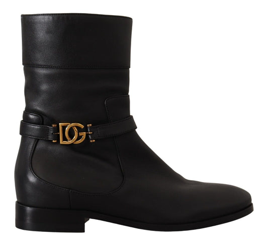 Dolce & Gabbana Schwarzes Leder Flats Logo Kurze Stiefel Schuhe