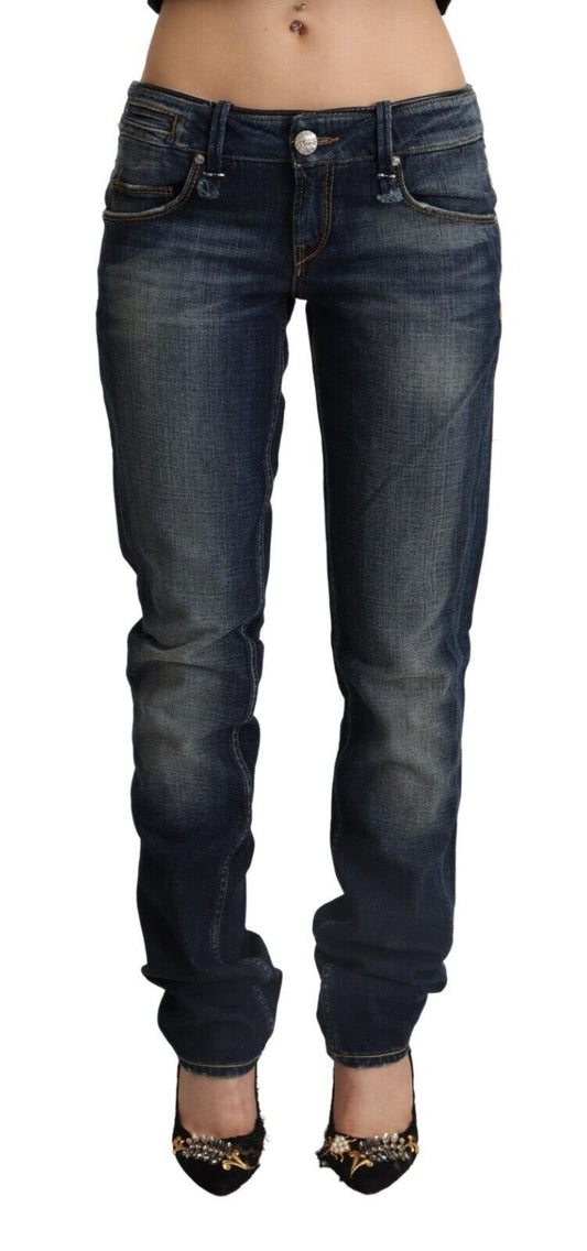 Acht Dunkelblaue Skinny Denim Jeans mit niedriger Taille aus gewaschener Baumwolle