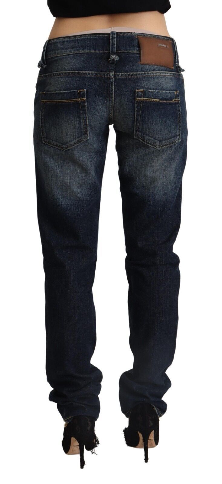 Acht Dunkelblaue Skinny Denim Jeans mit niedriger Taille aus gewaschener Baumwolle