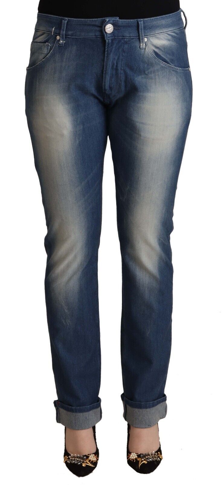 Acht Blau gewaschene Skinny Jeans mit gefaltetem Saum und mittlerer Taille