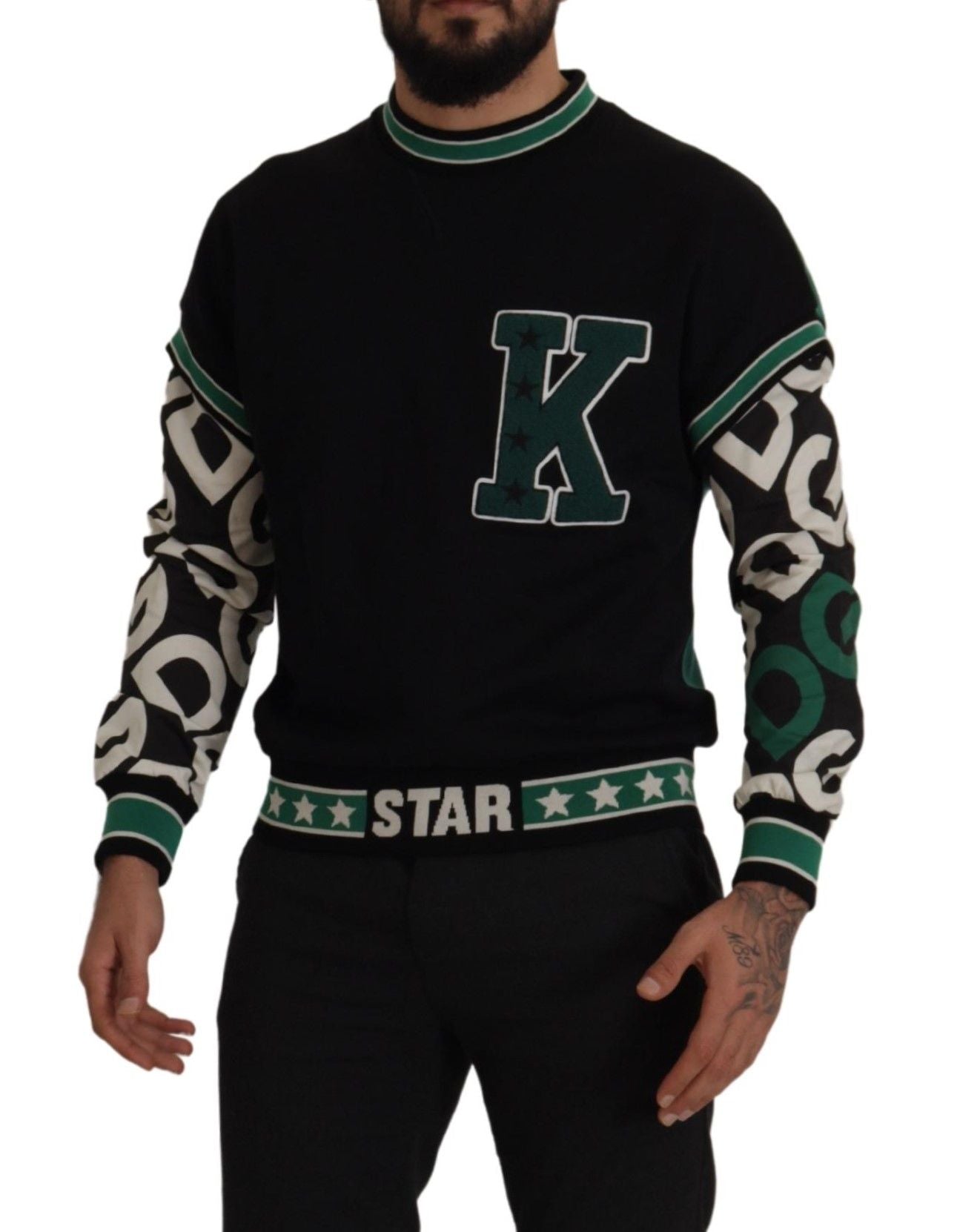 Dolce & Gabbana Schwarzgrüner Baumwoll-KING Star Pullover mit Rundhalsausschnitt
