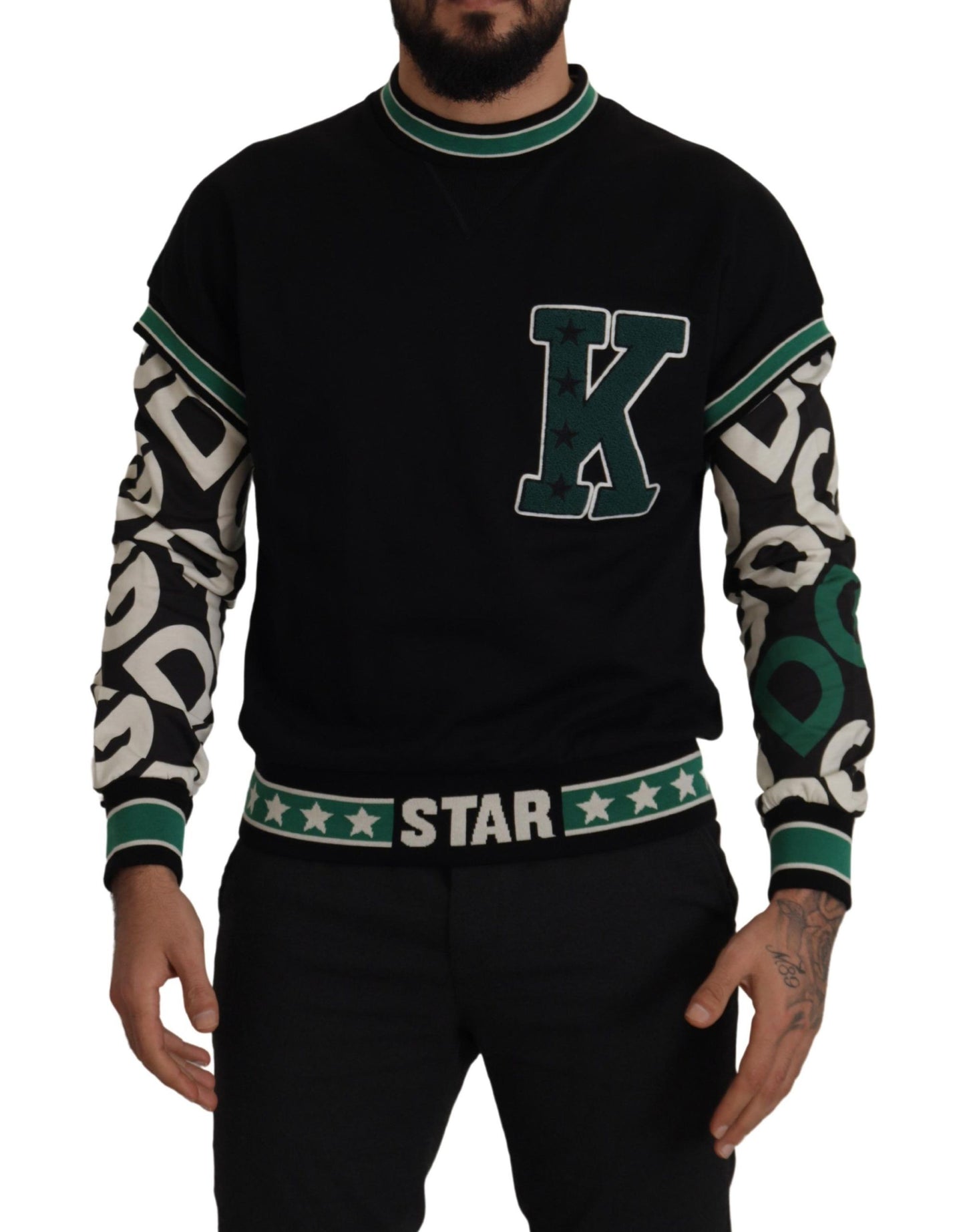 Dolce & Gabbana Schwarzgrüner Baumwoll-KING Star Pullover mit Rundhalsausschnitt