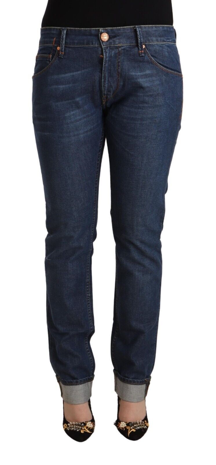 Acht Dunkelblaue Slim Fit Denim-Jeans aus Baumwolle mit gefaltetem Saum