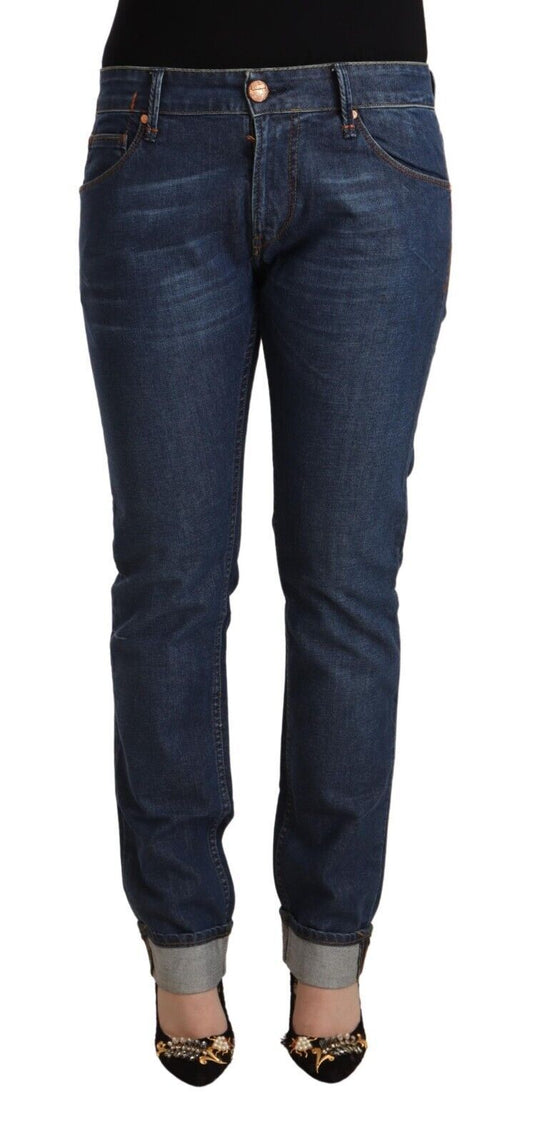 Acht Dunkelblaue Slim Fit Denim-Jeans aus Baumwolle mit gefaltetem Saum