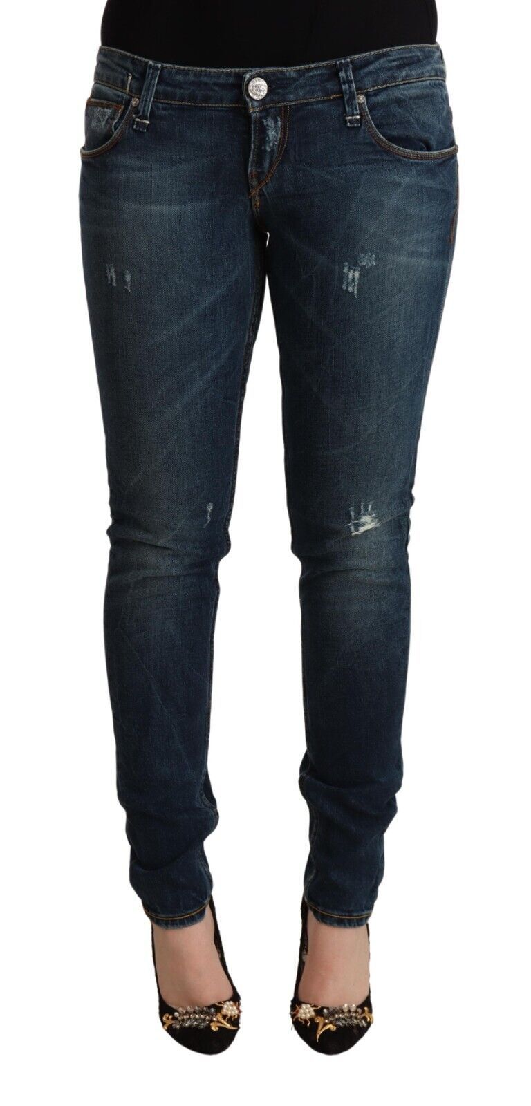 Acht Blau gewaschene Slim Fit Denim Jeans mit niedrigem Bund