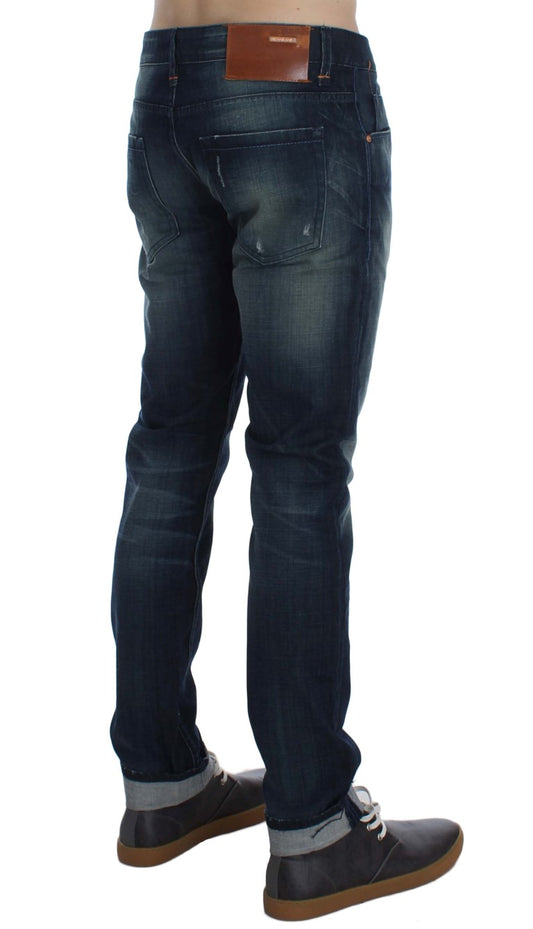 Acht Blaue Waschung Baumwolle Denim Slim Fit Jeans