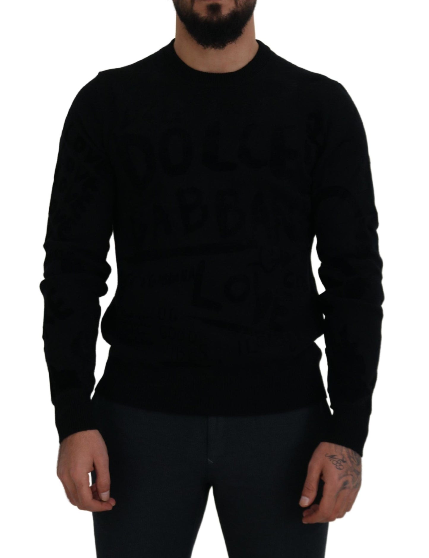 Dolce & Gabbana Schwarzer Wollpullover mit Logo-Muster und Rundhalsausschnitt