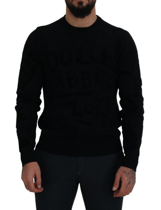 Dolce & Gabbana Schwarzer Wollpullover mit Logo-Muster und Rundhalsausschnitt