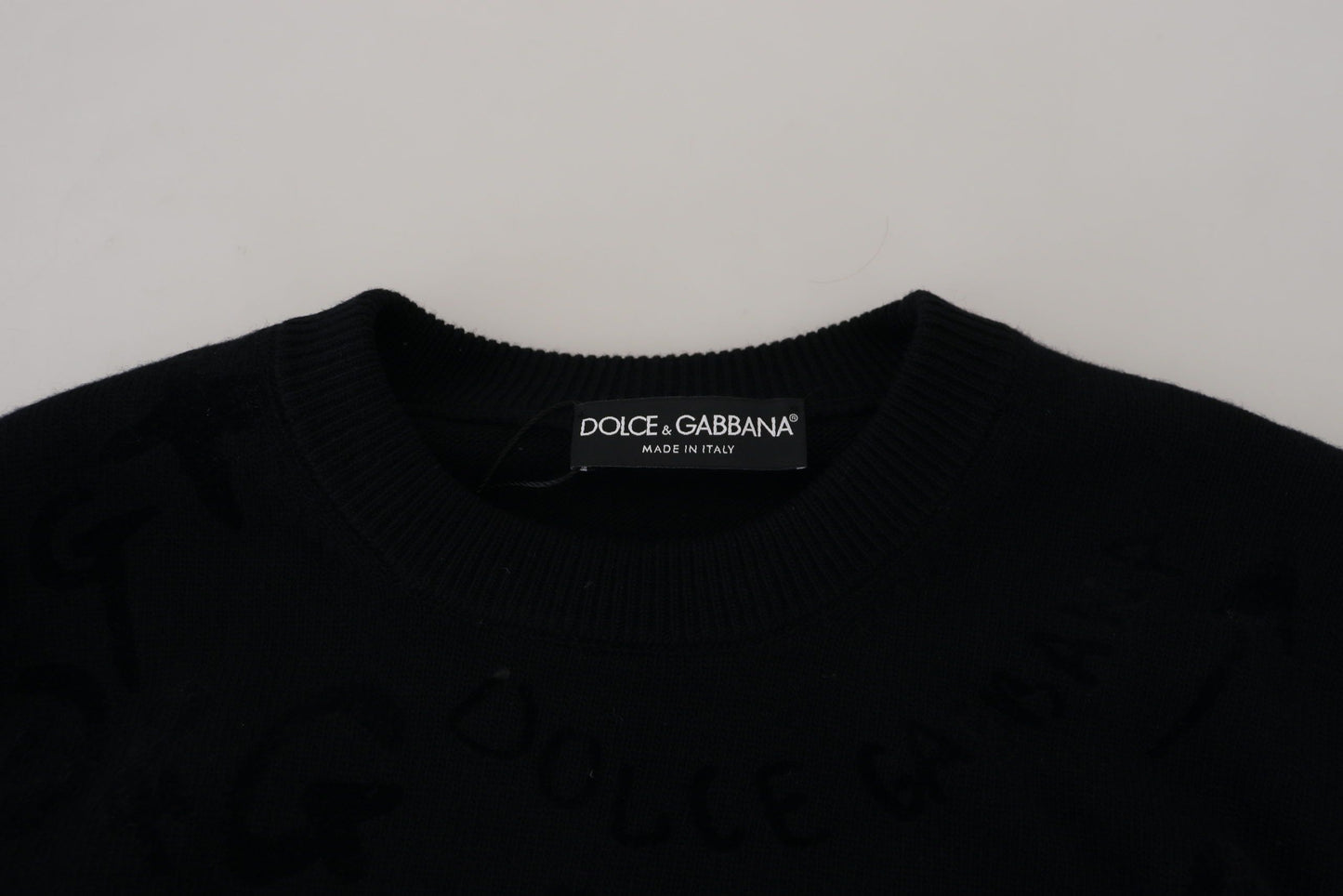 Dolce & Gabbana Schwarzer Wollpullover mit Logo-Muster und Rundhalsausschnitt