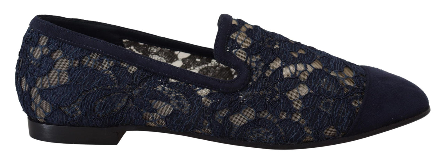 Dolce & Gabbana Blau Floral Spitze Slip Ons Loafers Flats Schuhe
