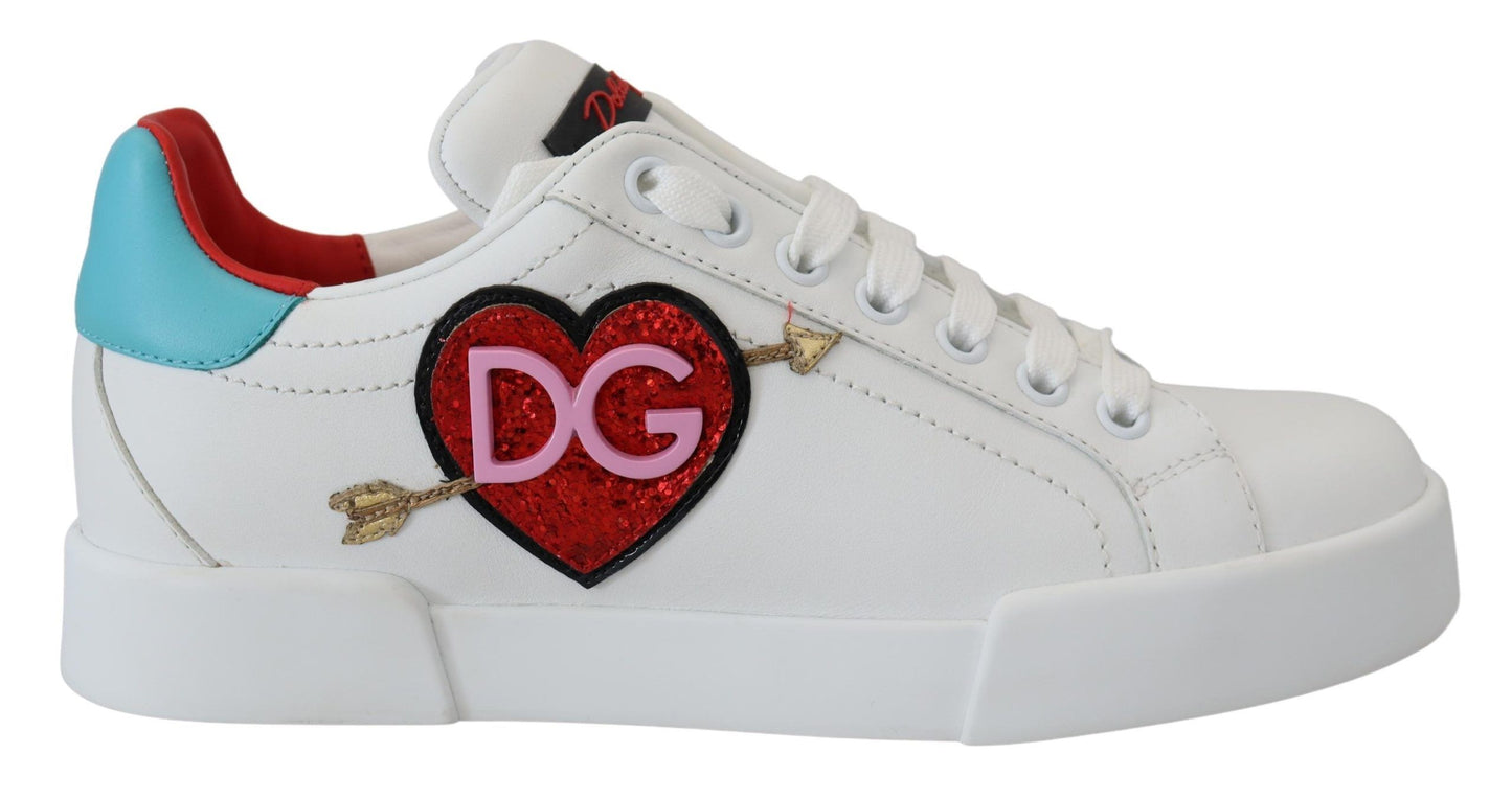 Dolce & Gabbana Weißes Leder Sneaker Portofino Logo Heart Schuhe