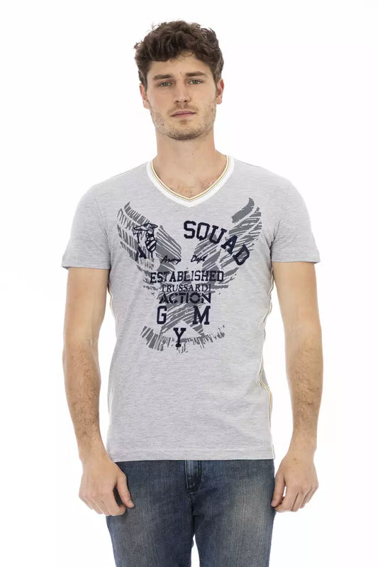 Trussardi Action Graues Herren-V-Neck-T-Shirt aus Baumwolle