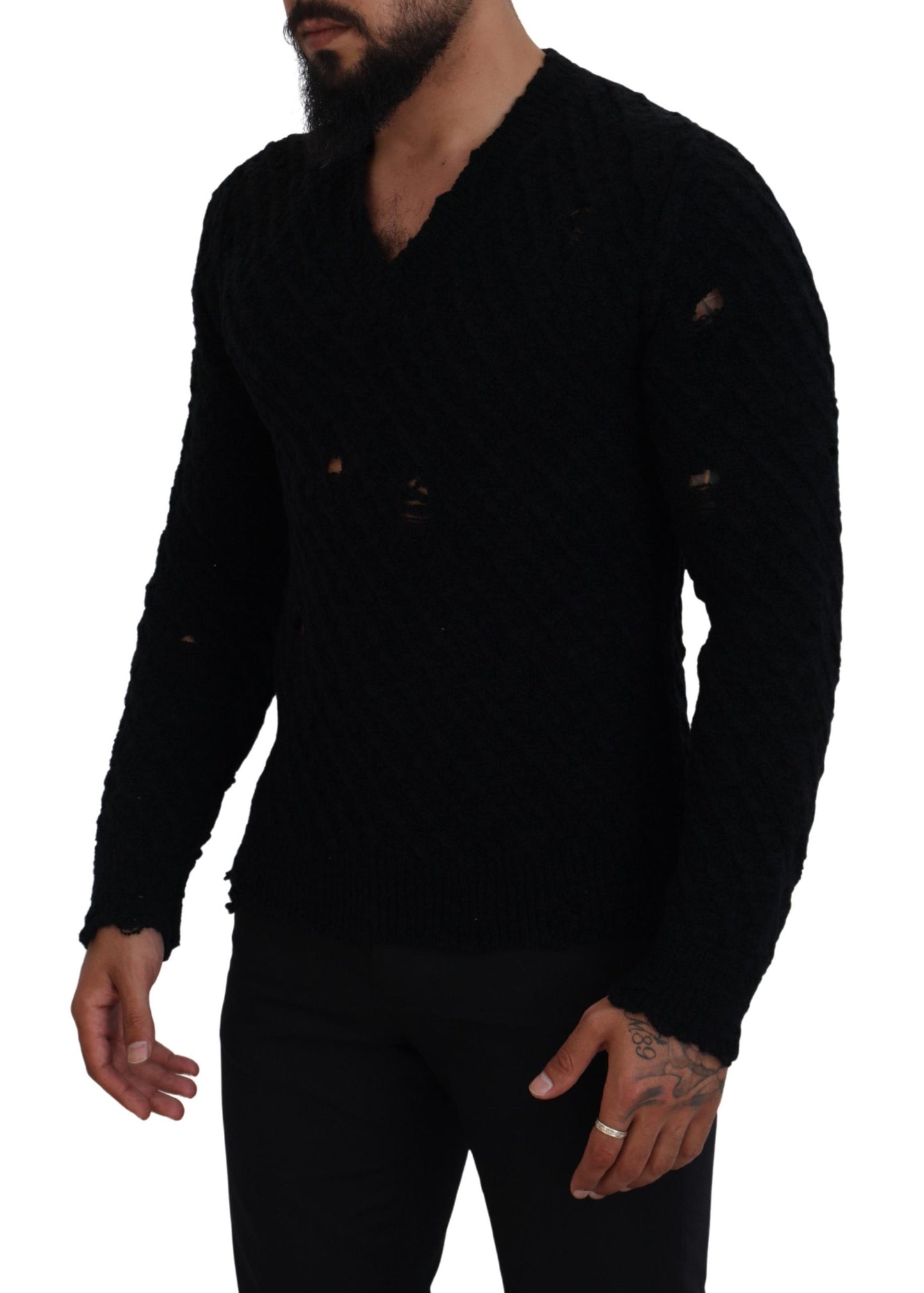 Dolce & Gabbana Schwarzer Pullover mit V-Ausschnitt aus Wolle