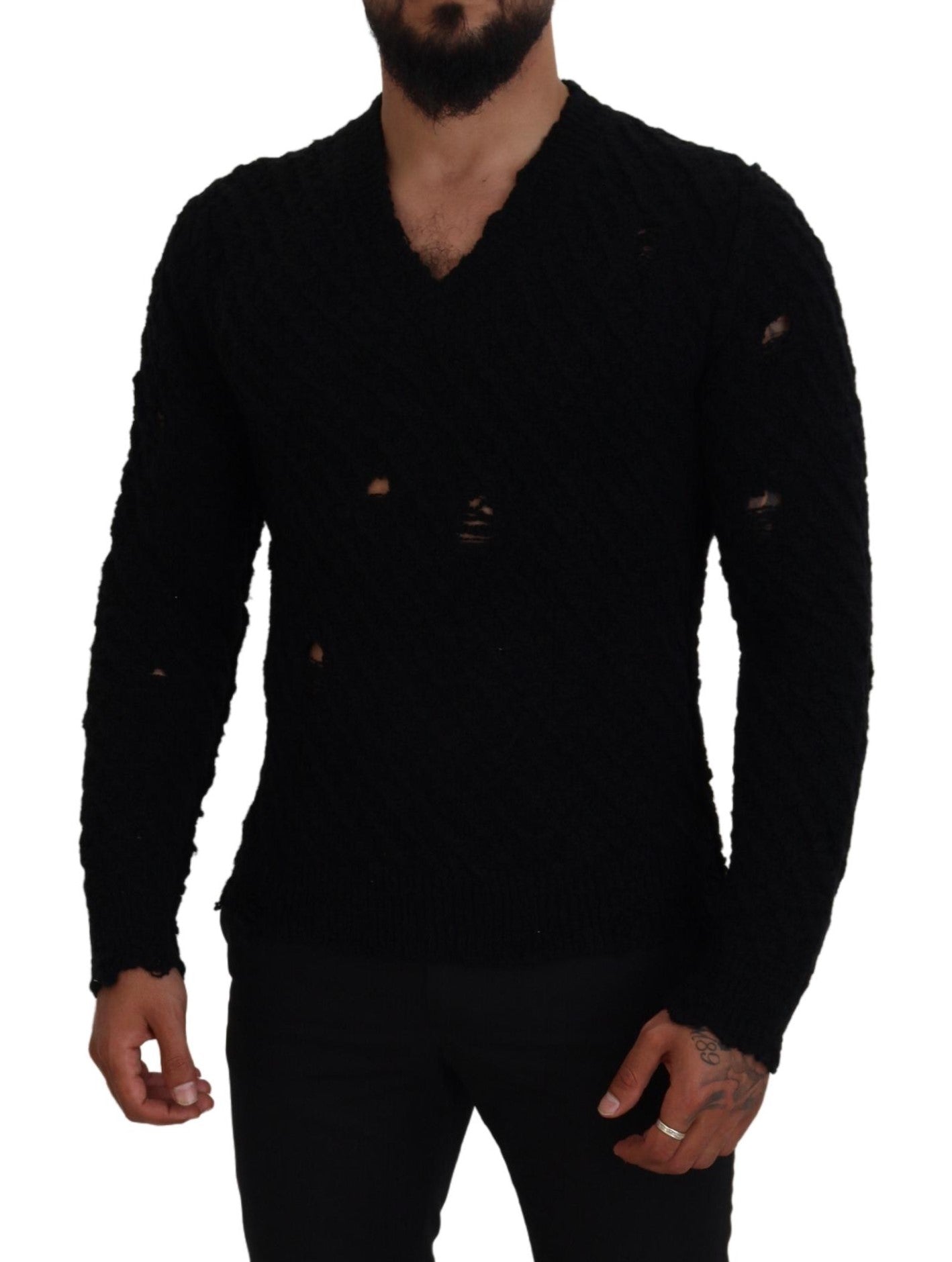 Dolce & Gabbana Schwarzer Pullover mit V-Ausschnitt aus Wolle