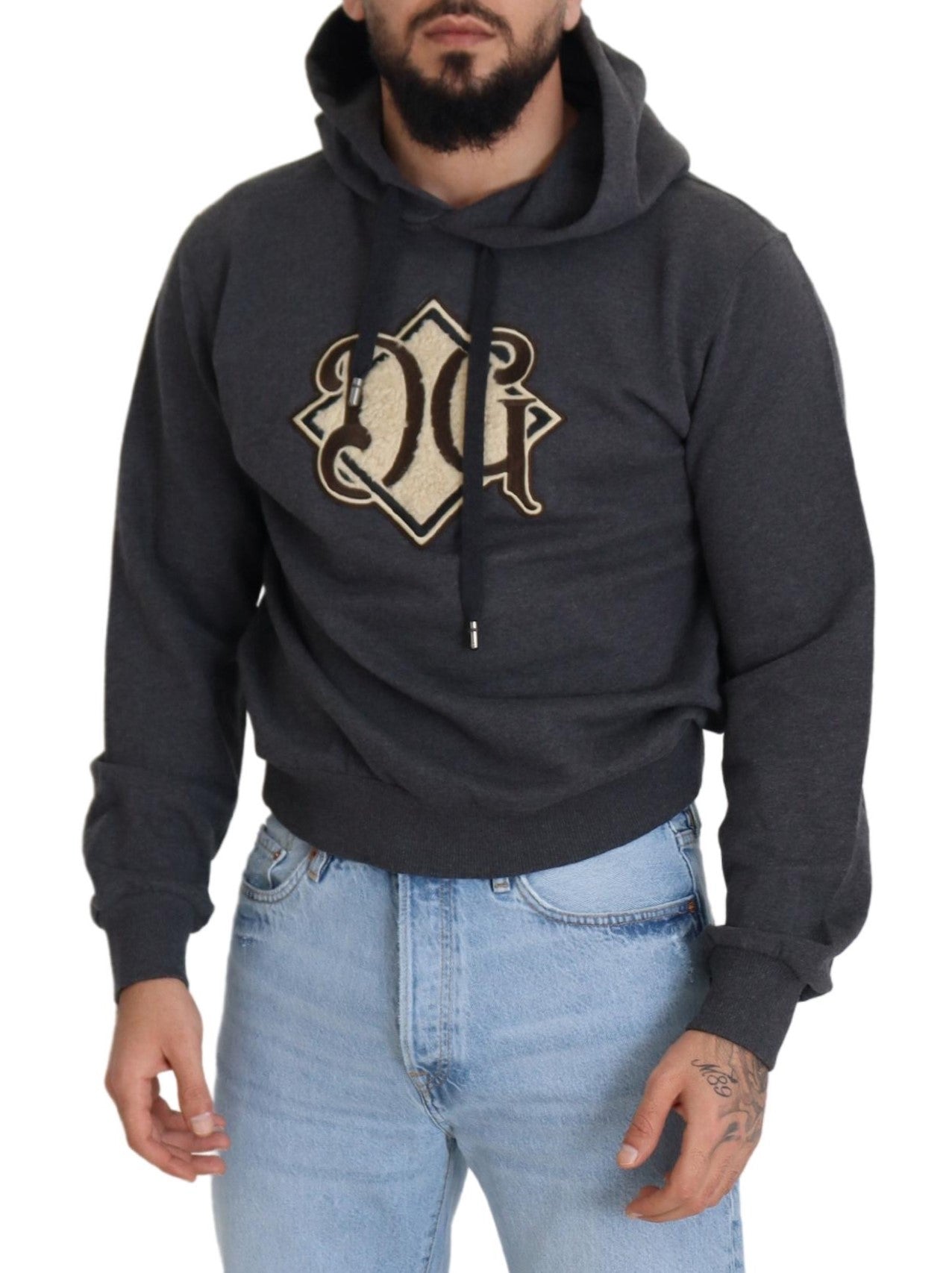 Dolce & Gabbana Graues Logo-Sweatshirt aus Baumwolle mit Kapuze Pullover