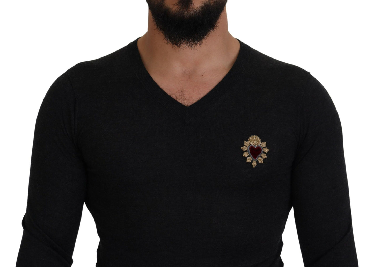 Dolce & Gabbana Grauer Kaschmirpullover mit V-Ausschnitt und goldenem Herz