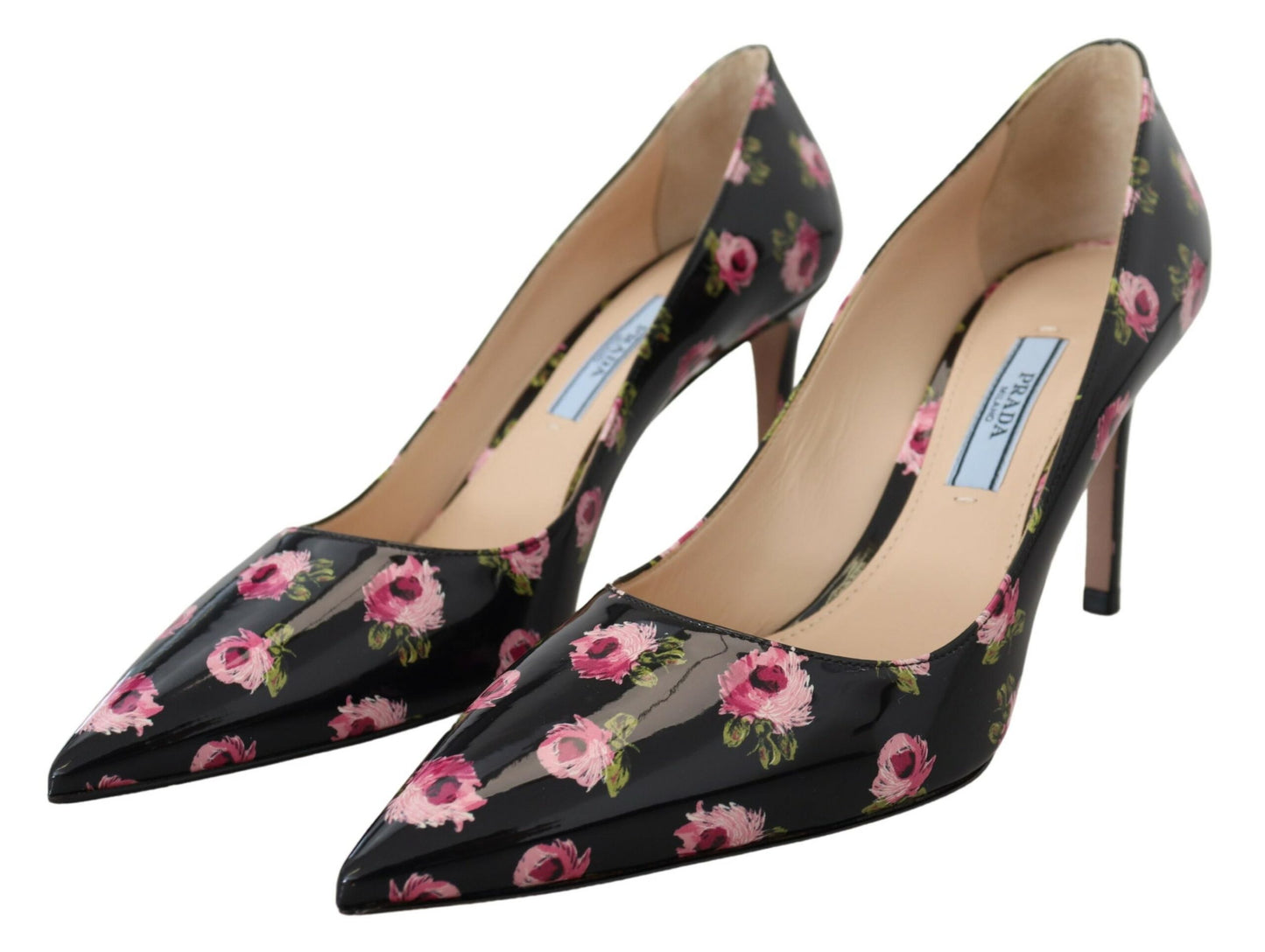 Prada Schwarzes Leder Floral Heels Stilettos Pumps